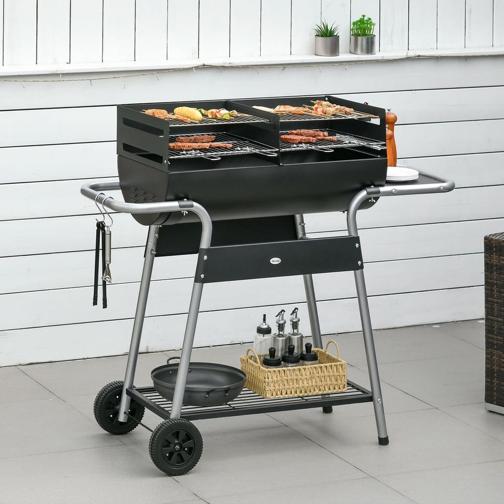 Outsunny Charcoal BBQ Grill with Double Grill, Table, Storage Shelf and Wheels S0671129930