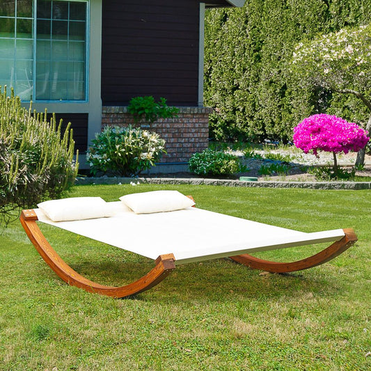 Rocking Double Sun Lounger W/ Wooden Frame-White S067941520