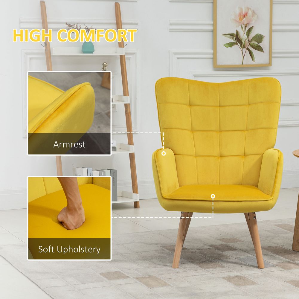 HOMCOM Modern Accent Chair Velvet-Touch Tufted Wingback Armchair, Yellow S0671080106