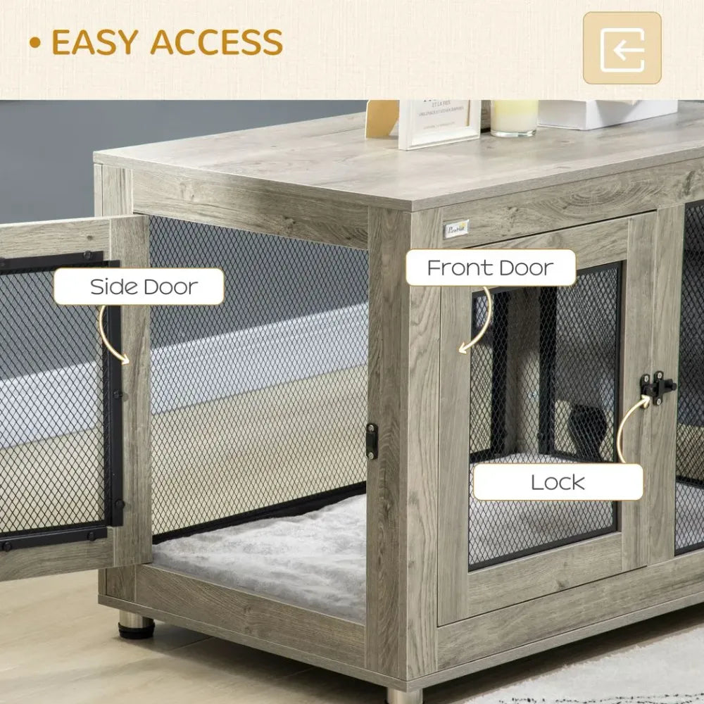 Dog Kennel Furniture End Table w/ Two Doors, Soft Cushion for Large Medium Dogs S0671097325