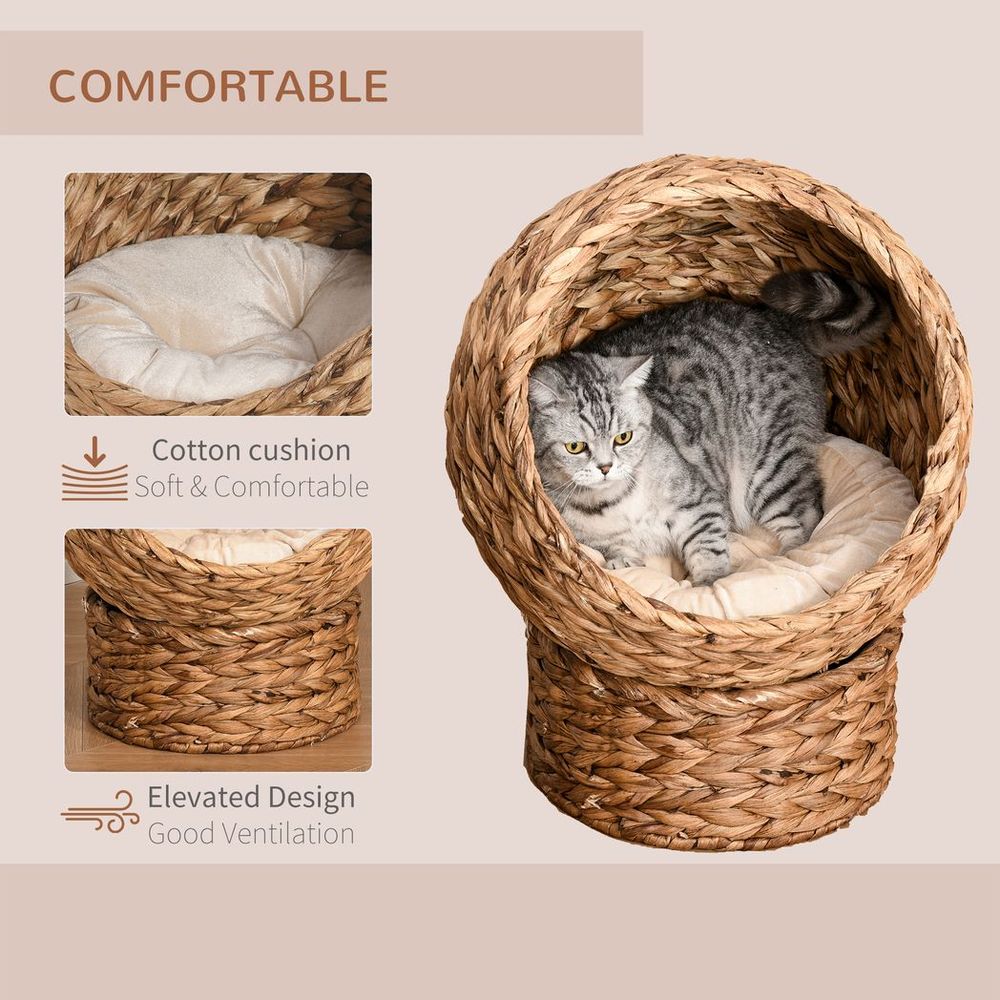 Wicker Cat House, Raised Cat Bed with Cylindrical Base, 42 x 33 x 52cm S0671148931