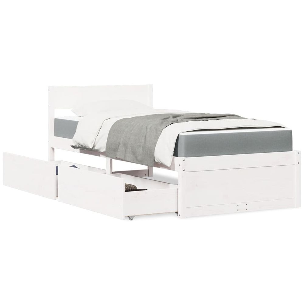 vidaXL Bed with Drawers and Mattress White 90x190 cm Single Solid Wood Pine S0671489374