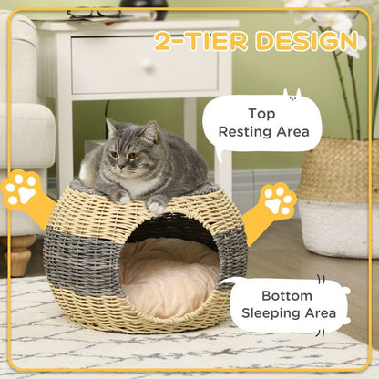 PawHut Wicker Cat House, Rattan Raised Cat Bed w/ Soft Cushion, 40 x 30cm S0671129928