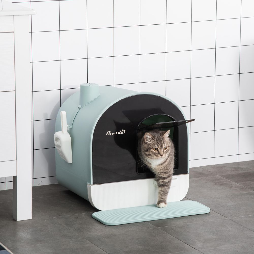 Hooded Cat Litter Tray Kitten Toilet W/ Scoop Filter Flap Door 43x44x47 cm Green S0671070907