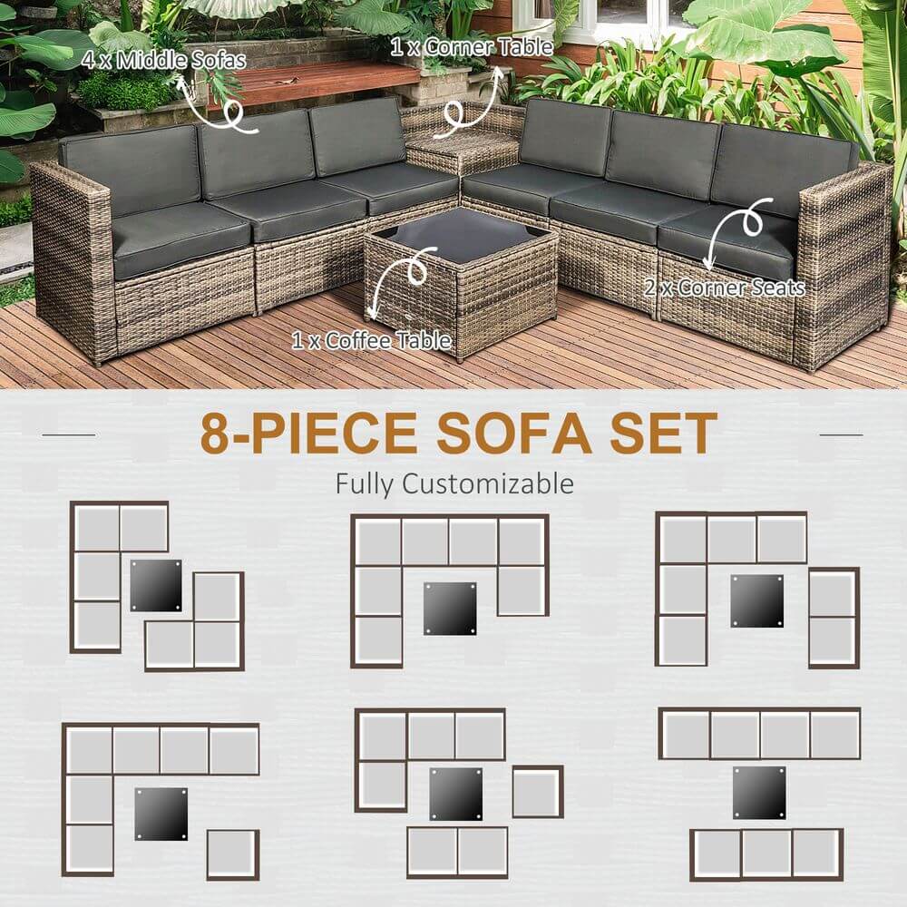 Outsunny 8Pcs Patio Rattan Sofa Set Garden Furniture Side Table w/ Cushion S0671129874