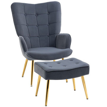 HOMCOM Button Tufted Armchair with Footstool and Gold Tone Steel Legs Dark Grey S0671347095